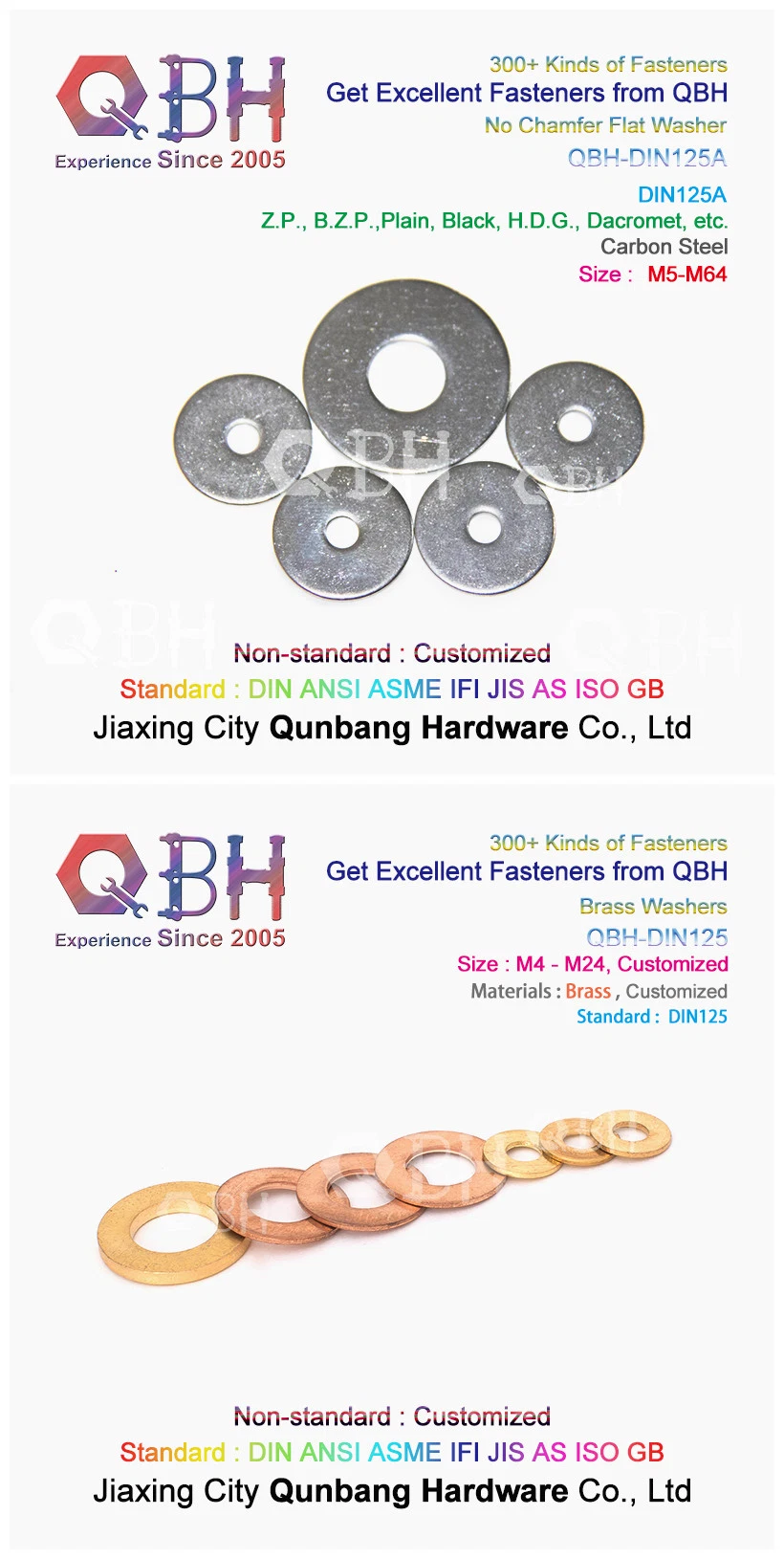 Qbh DIN125 DIN127 F436 F959 DIN6919 DIN934 DIN936 All Type Zp/Yzp/Bzp/Plain/Black/HDG/Dacromet/Geomet/Nickle Plated Washers